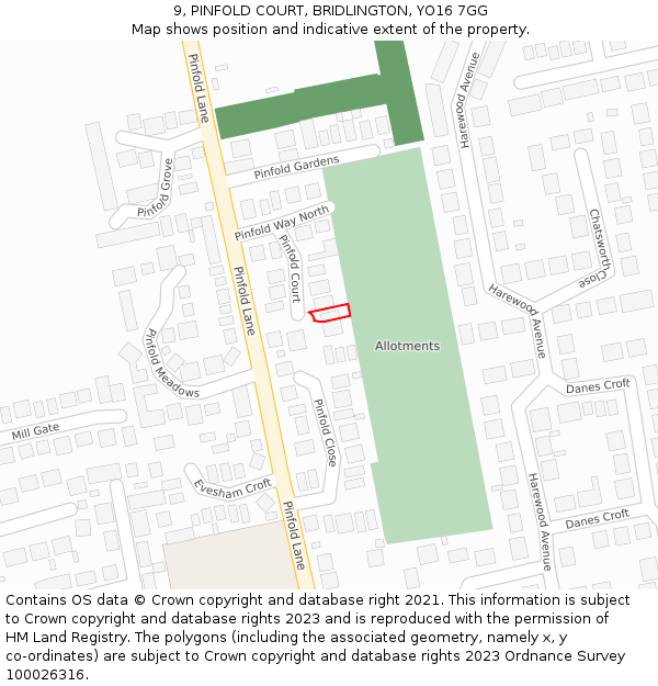 9, PINFOLD COURT, BRIDLINGTON, YO16 7GG: Location map and indicative extent of plot