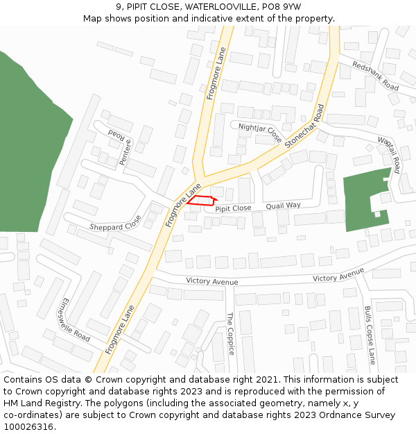 9, PIPIT CLOSE, WATERLOOVILLE, PO8 9YW: Location map and indicative extent of plot