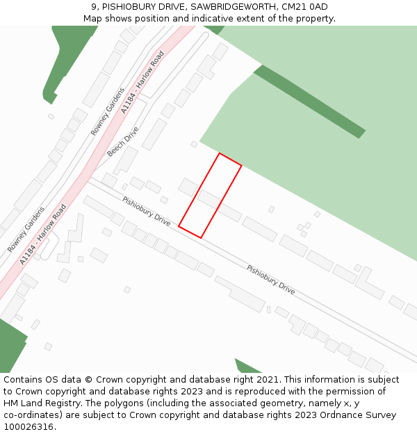 9, PISHIOBURY DRIVE, SAWBRIDGEWORTH, CM21 0AD: Location map and indicative extent of plot