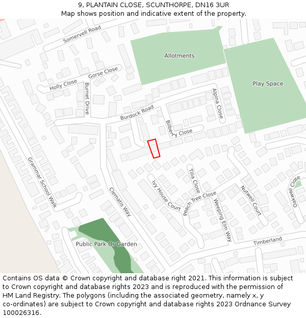 9, PLANTAIN CLOSE, SCUNTHORPE, DN16 3UR: Location map and indicative extent of plot