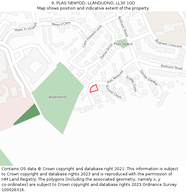 9, PLAS NEWYDD, LLANDUDNO, LL30 1GD: Location map and indicative extent of plot