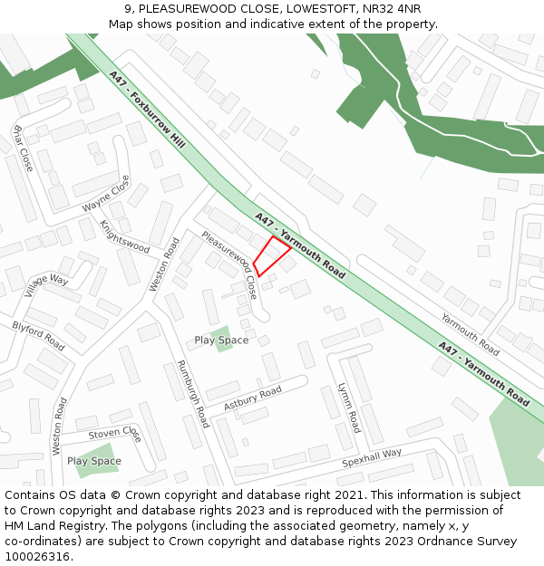9, PLEASUREWOOD CLOSE, LOWESTOFT, NR32 4NR: Location map and indicative extent of plot