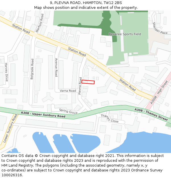 9, PLEVNA ROAD, HAMPTON, TW12 2BS: Location map and indicative extent of plot