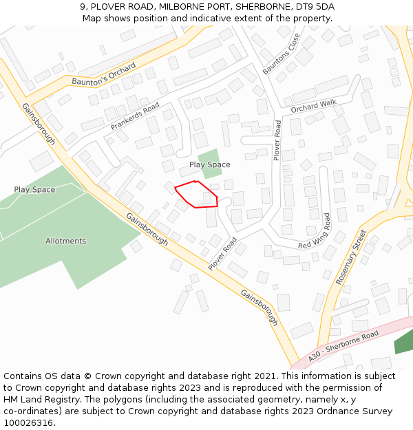 9, PLOVER ROAD, MILBORNE PORT, SHERBORNE, DT9 5DA: Location map and indicative extent of plot