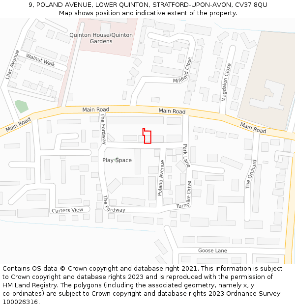 9, POLAND AVENUE, LOWER QUINTON, STRATFORD-UPON-AVON, CV37 8QU: Location map and indicative extent of plot