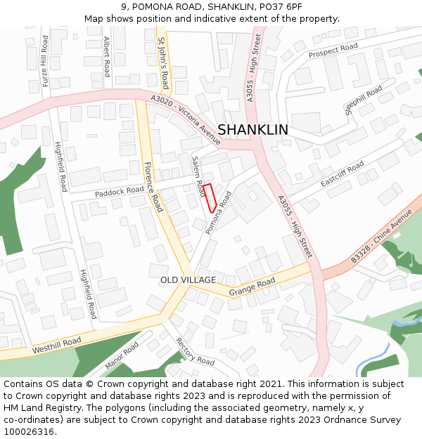 9, POMONA ROAD, SHANKLIN, PO37 6PF: Location map and indicative extent of plot