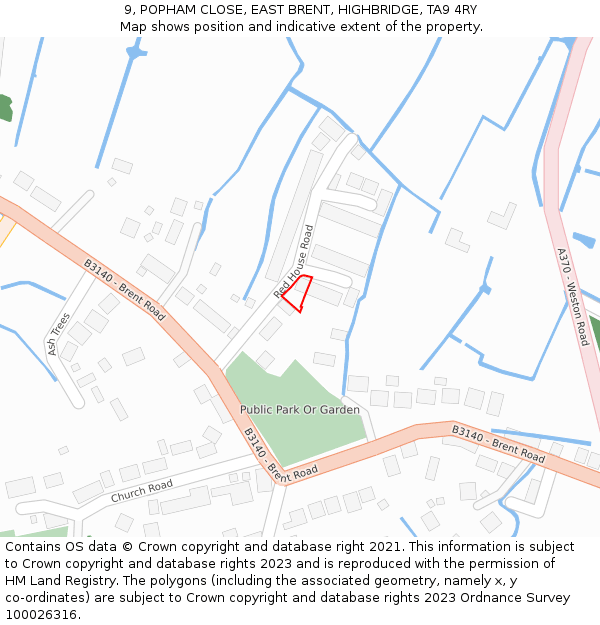 9, POPHAM CLOSE, EAST BRENT, HIGHBRIDGE, TA9 4RY: Location map and indicative extent of plot