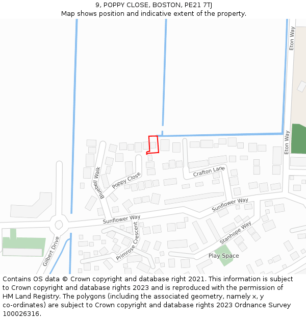 9, POPPY CLOSE, BOSTON, PE21 7TJ: Location map and indicative extent of plot