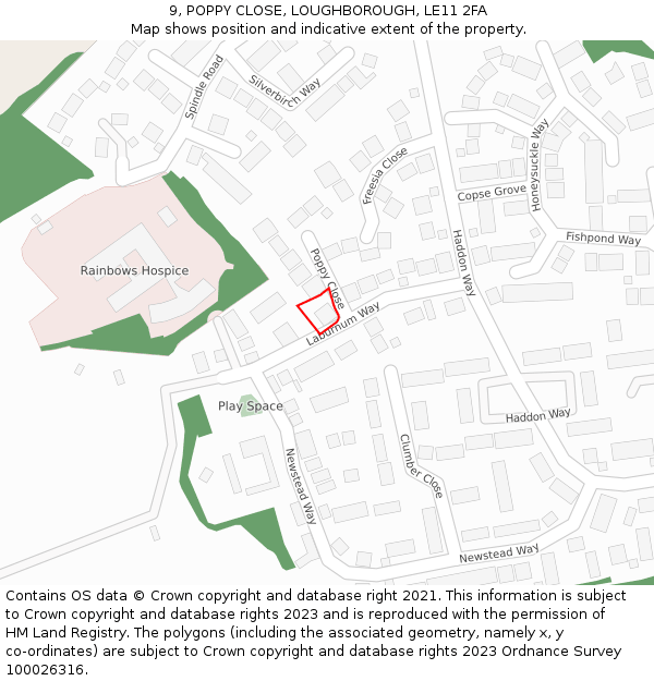 9, POPPY CLOSE, LOUGHBOROUGH, LE11 2FA: Location map and indicative extent of plot