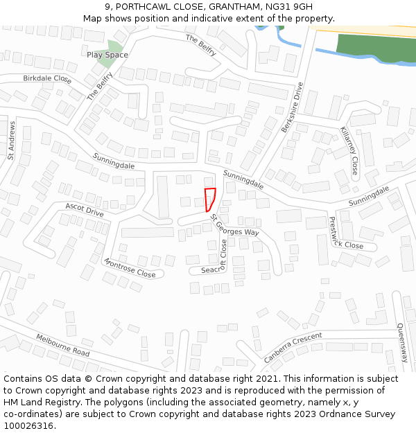 9, PORTHCAWL CLOSE, GRANTHAM, NG31 9GH: Location map and indicative extent of plot