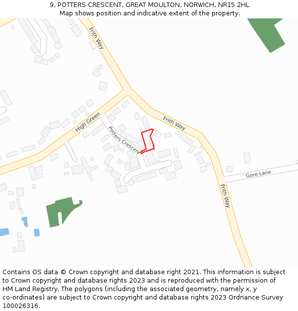 9, POTTERS CRESCENT, GREAT MOULTON, NORWICH, NR15 2HL: Location map and indicative extent of plot