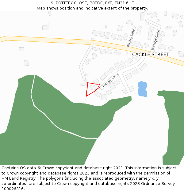 9, POTTERY CLOSE, BREDE, RYE, TN31 6HE: Location map and indicative extent of plot