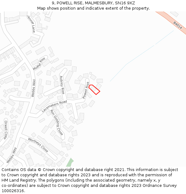 9, POWELL RISE, MALMESBURY, SN16 9XZ: Location map and indicative extent of plot