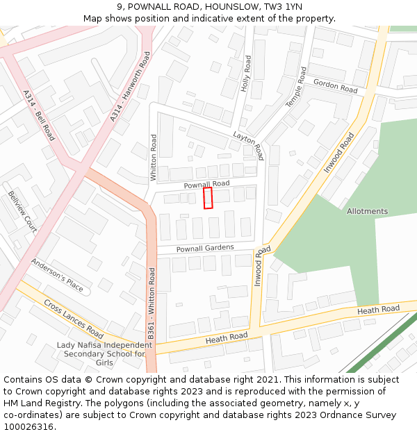 9, POWNALL ROAD, HOUNSLOW, TW3 1YN: Location map and indicative extent of plot