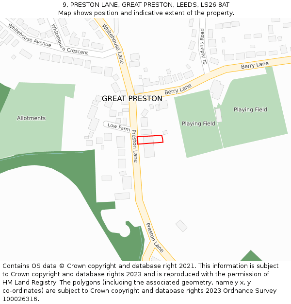9, PRESTON LANE, GREAT PRESTON, LEEDS, LS26 8AT: Location map and indicative extent of plot