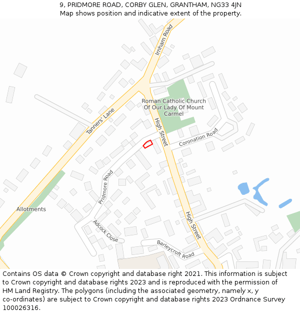 9, PRIDMORE ROAD, CORBY GLEN, GRANTHAM, NG33 4JN: Location map and indicative extent of plot