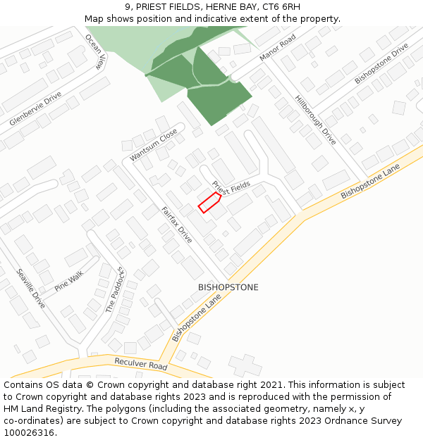 9, PRIEST FIELDS, HERNE BAY, CT6 6RH: Location map and indicative extent of plot