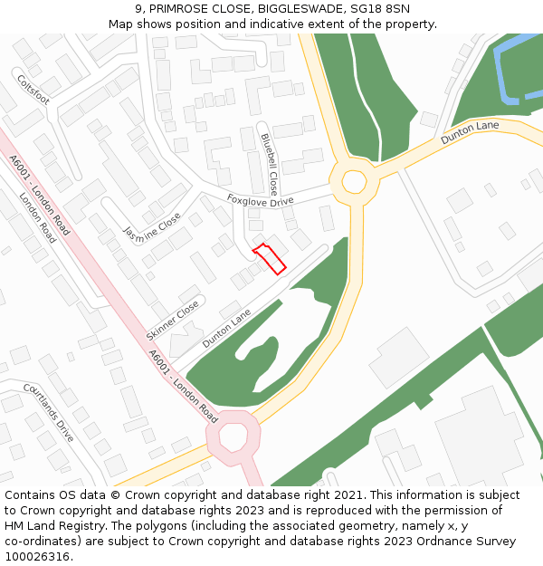 9, PRIMROSE CLOSE, BIGGLESWADE, SG18 8SN: Location map and indicative extent of plot