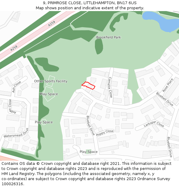9, PRIMROSE CLOSE, LITTLEHAMPTON, BN17 6US: Location map and indicative extent of plot