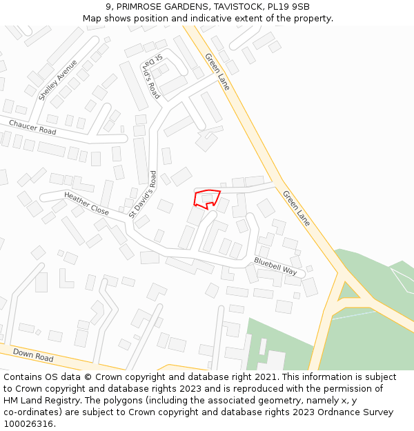 9, PRIMROSE GARDENS, TAVISTOCK, PL19 9SB: Location map and indicative extent of plot