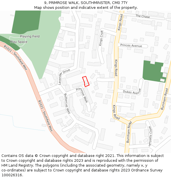 9, PRIMROSE WALK, SOUTHMINSTER, CM0 7TY: Location map and indicative extent of plot