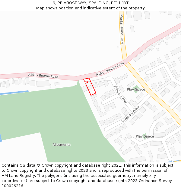 9, PRIMROSE WAY, SPALDING, PE11 1YT: Location map and indicative extent of plot