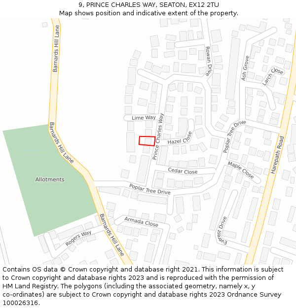 9, PRINCE CHARLES WAY, SEATON, EX12 2TU: Location map and indicative extent of plot