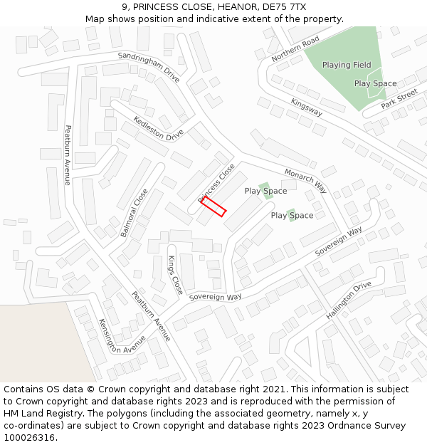 9, PRINCESS CLOSE, HEANOR, DE75 7TX: Location map and indicative extent of plot