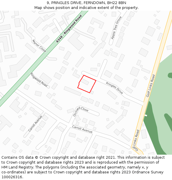 9, PRINGLES DRIVE, FERNDOWN, BH22 8BN: Location map and indicative extent of plot