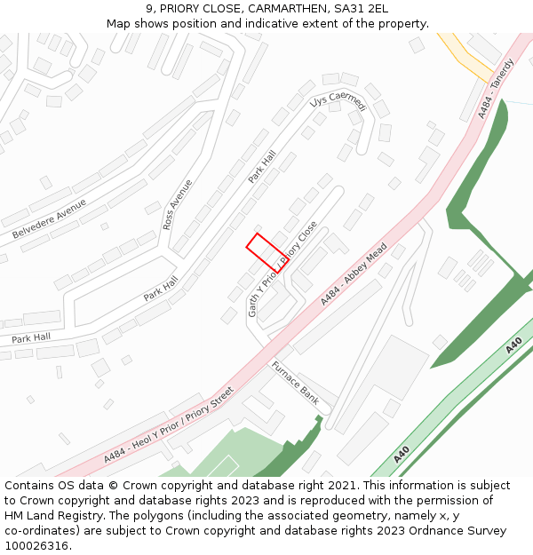 9, PRIORY CLOSE, CARMARTHEN, SA31 2EL: Location map and indicative extent of plot