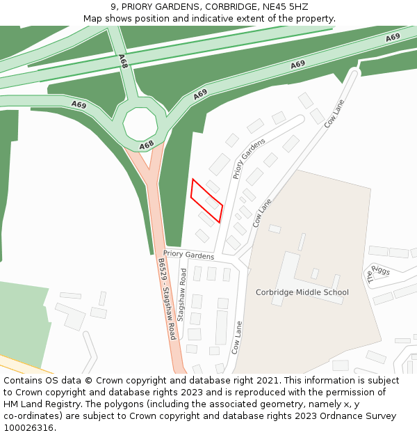9, PRIORY GARDENS, CORBRIDGE, NE45 5HZ: Location map and indicative extent of plot