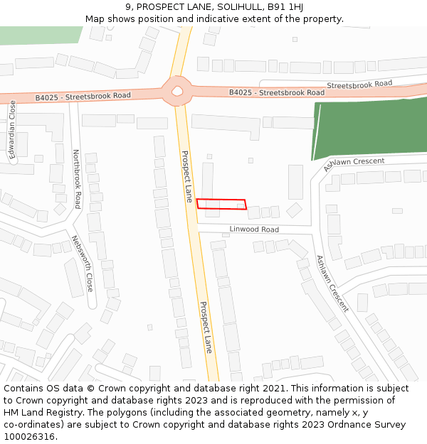 9, PROSPECT LANE, SOLIHULL, B91 1HJ: Location map and indicative extent of plot