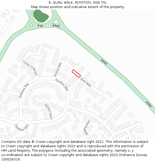 9, QUAIL WALK, ROYSTON, SG8 7XL: Location map and indicative extent of plot