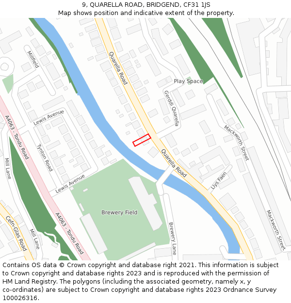 9, QUARELLA ROAD, BRIDGEND, CF31 1JS: Location map and indicative extent of plot