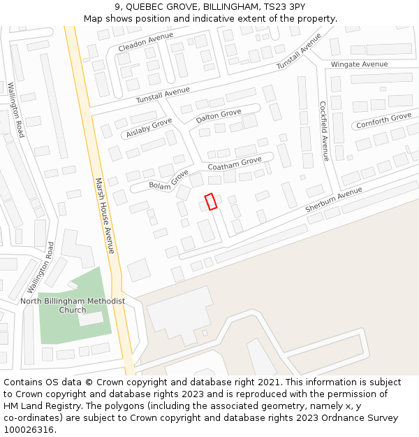 9, QUEBEC GROVE, BILLINGHAM, TS23 3PY: Location map and indicative extent of plot