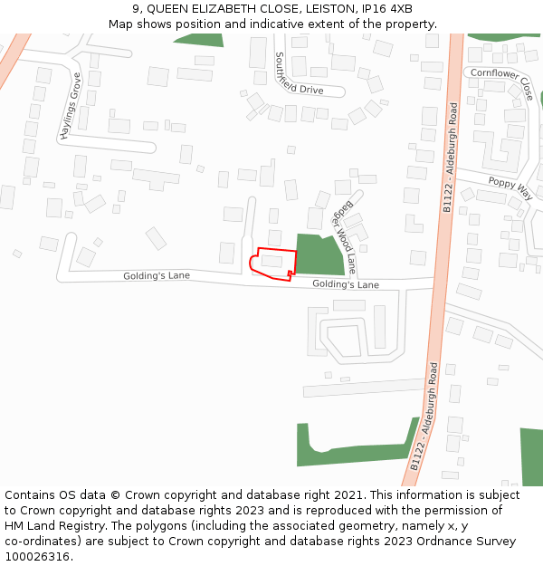 9, QUEEN ELIZABETH CLOSE, LEISTON, IP16 4XB: Location map and indicative extent of plot