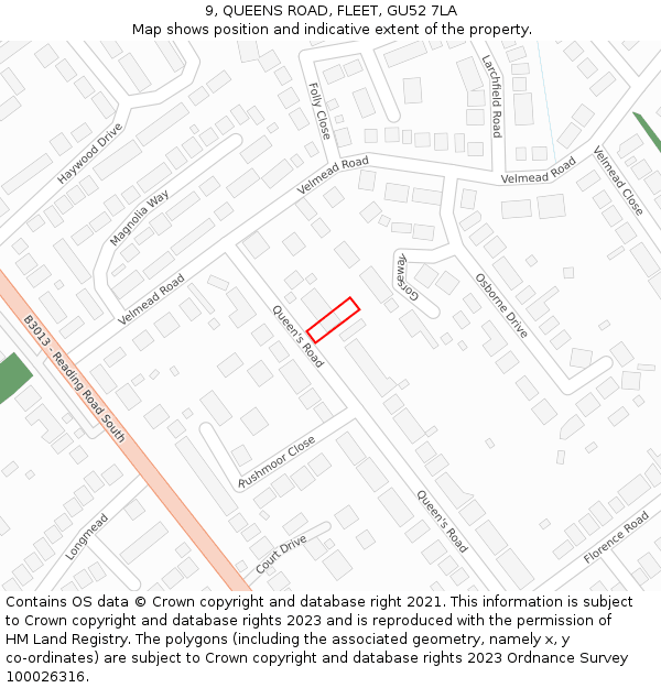 9, QUEENS ROAD, FLEET, GU52 7LA: Location map and indicative extent of plot