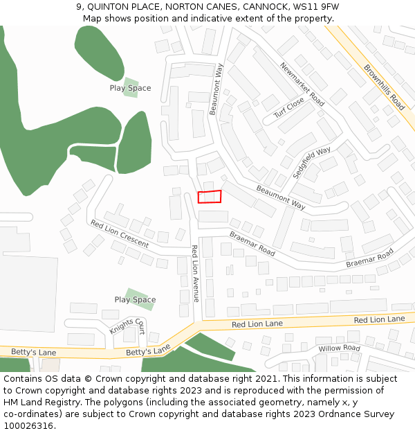 9, QUINTON PLACE, NORTON CANES, CANNOCK, WS11 9FW: Location map and indicative extent of plot