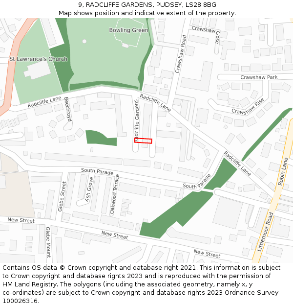 9, RADCLIFFE GARDENS, PUDSEY, LS28 8BG: Location map and indicative extent of plot