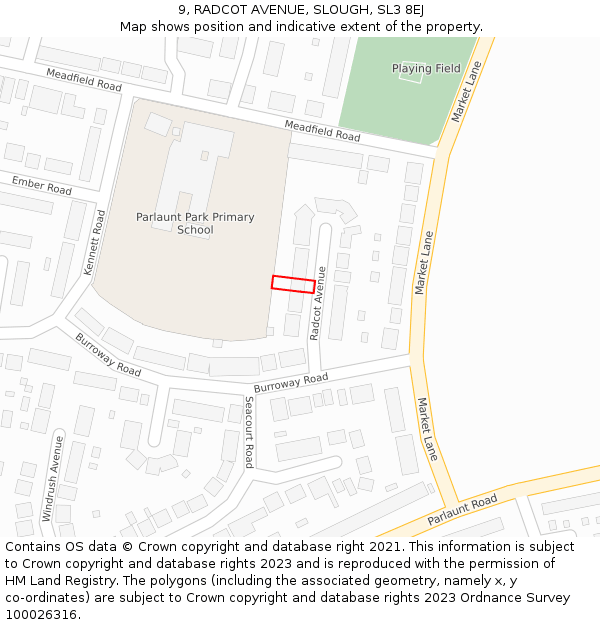 9, RADCOT AVENUE, SLOUGH, SL3 8EJ: Location map and indicative extent of plot