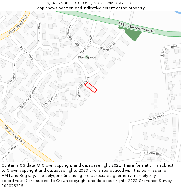 9, RAINSBROOK CLOSE, SOUTHAM, CV47 1GL: Location map and indicative extent of plot