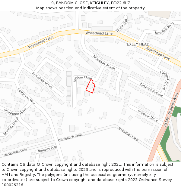 9, RANDOM CLOSE, KEIGHLEY, BD22 6LZ: Location map and indicative extent of plot