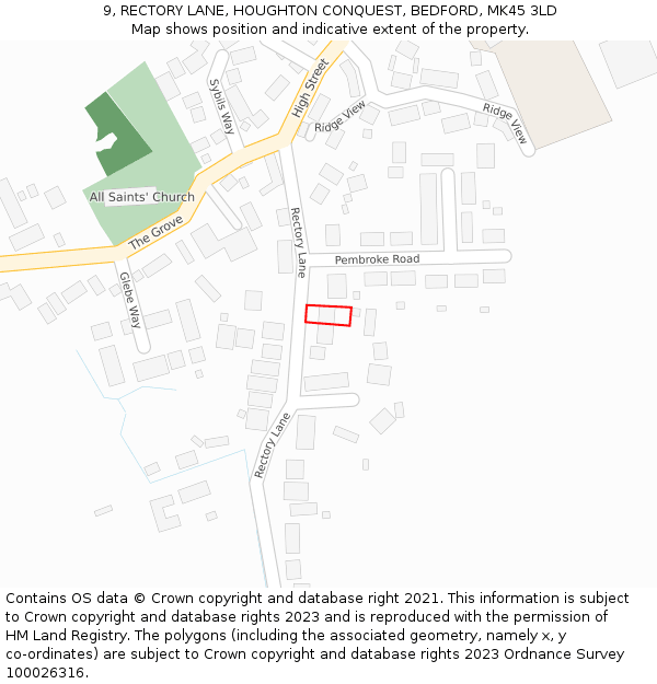 9, RECTORY LANE, HOUGHTON CONQUEST, BEDFORD, MK45 3LD: Location map and indicative extent of plot