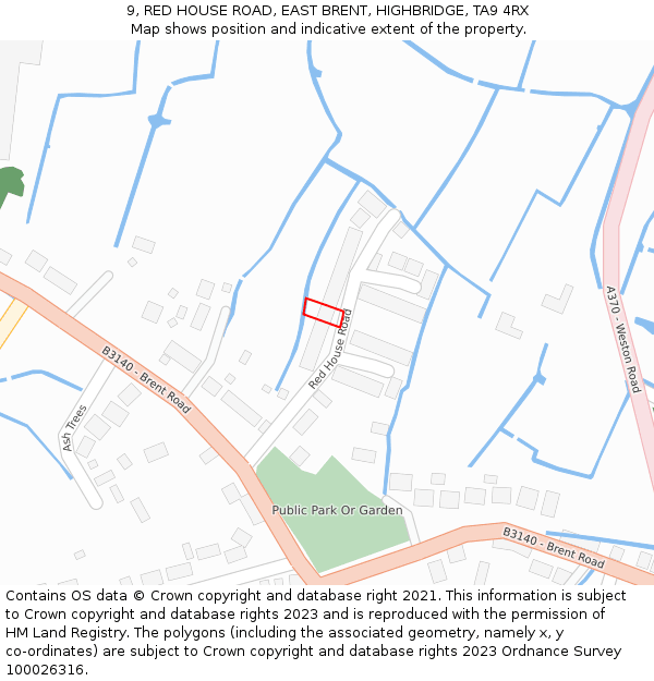 9, RED HOUSE ROAD, EAST BRENT, HIGHBRIDGE, TA9 4RX: Location map and indicative extent of plot