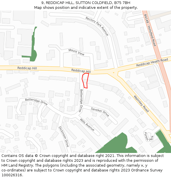 9, REDDICAP HILL, SUTTON COLDFIELD, B75 7BH: Location map and indicative extent of plot
