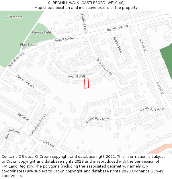 9, REDHILL WALK, CASTLEFORD, WF10 4SJ: Location map and indicative extent of plot