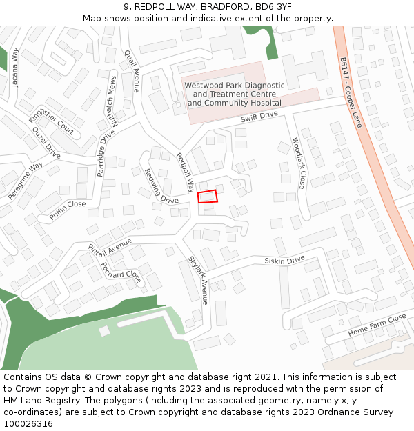 9, REDPOLL WAY, BRADFORD, BD6 3YF: Location map and indicative extent of plot