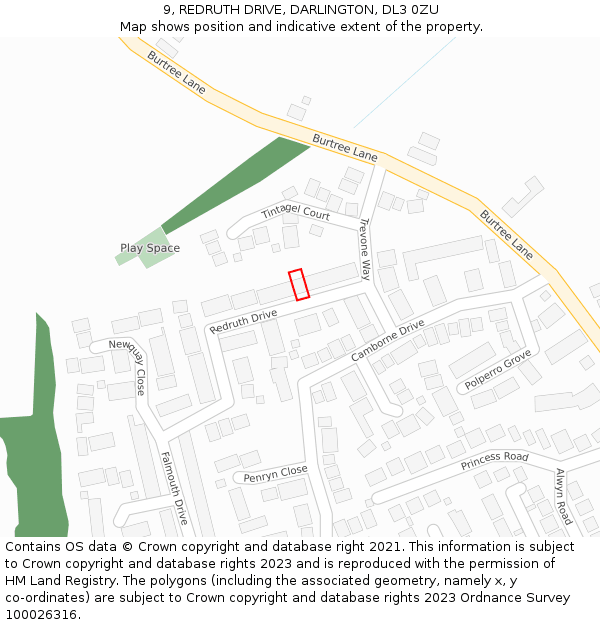 9, REDRUTH DRIVE, DARLINGTON, DL3 0ZU: Location map and indicative extent of plot
