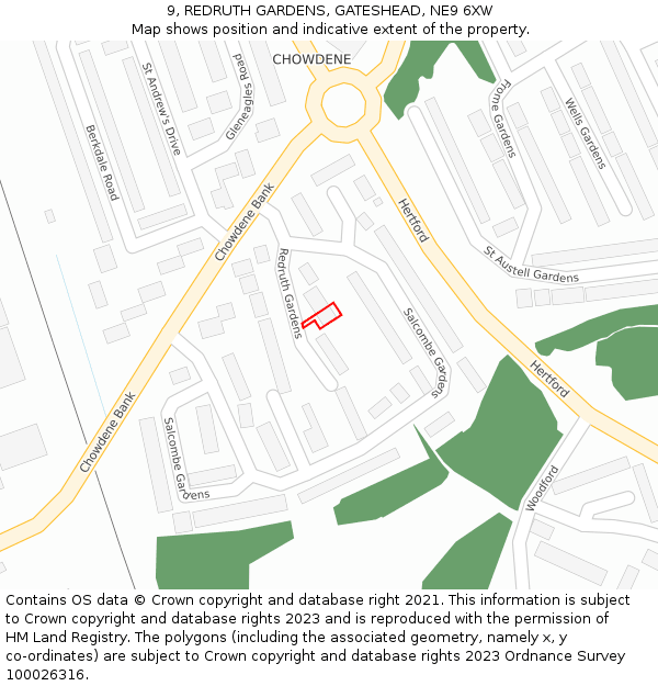 9, REDRUTH GARDENS, GATESHEAD, NE9 6XW: Location map and indicative extent of plot