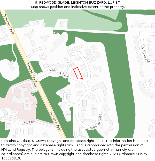 9, REDWOOD GLADE, LEIGHTON BUZZARD, LU7 3JT: Location map and indicative extent of plot